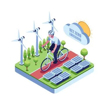 Isometric Cyclist Riding Through a Net Zero Emissions Environment Illustrazione stock