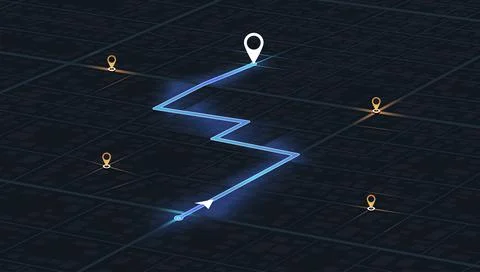 Isometric dark city grid map showing glowing blue zigzag route with white Stock Illustration