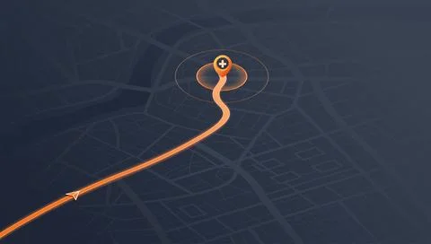 Isometric dark city map with bright orange route leading to glowing destination Stock Illustration