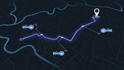 Isometric dark city map with GPS navigation route and taxi tracking icons. Ride Stock Illustration