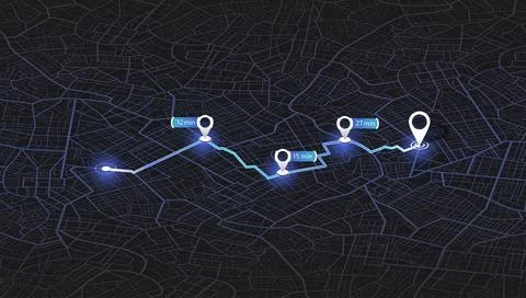 Isometric dark city map showing GPS route with delivery time markers. Vector 스톡 일러스트