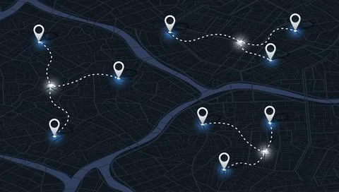 Isometric dark map with multiple location pins connected by dashed routes Stock Illustration