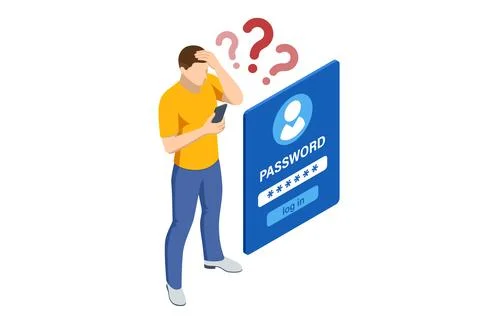 Isometric data access with confused man standing near password form on mobile Stock Illustration