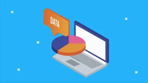 Isometric data analysis animation with laptop and colorful pie chart appear.. Vídeos de archivo 333719757