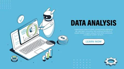 Isometric data analysis poster. Bot near laptop with charts. Artificial Illustrazione stock