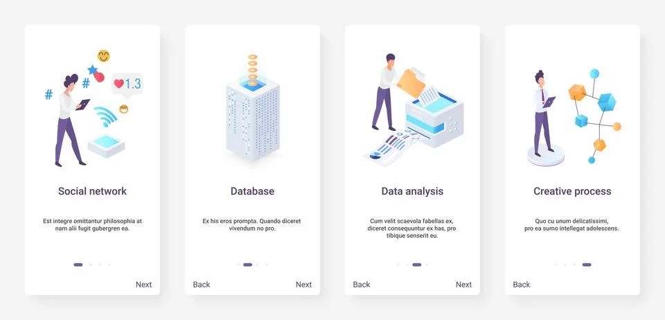 Isometric data analysis, social network UX, UI onboarding mobile app page screen Stockillustratie