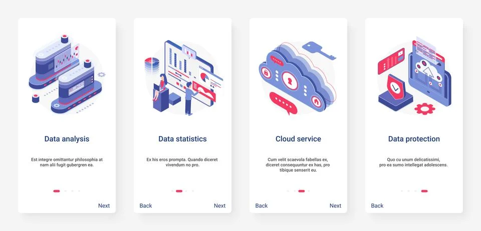 Isometric data analysis, storage and protection UX, UI mobile app page screen Illustrazione stock