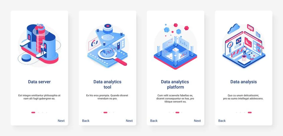 Isometric data analytics, analysis digital technology UX, UI mobile app page Stock Illustration