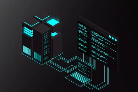 Isometric Data center. 3d isometric concept big data center with server Stock Illustration
