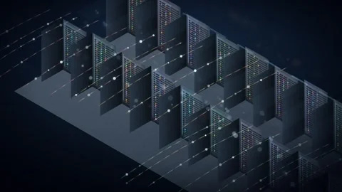 Isometric Data Center Aisle Loop - Server Rack Network Flow Backdrop Stock Footage 341869296