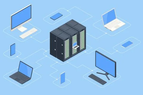 Isometric data center and network elements. Server room data center. Big modern Stock Illustration