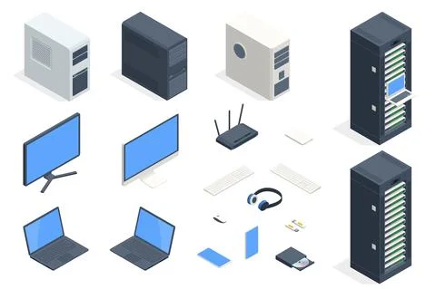 Isometric data center and network elements. Server room data center. Big modern Stock Illustration