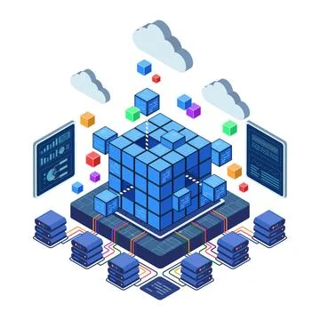 Isometric Data Center Block with Servers and Cloud Computing Stock Illustration