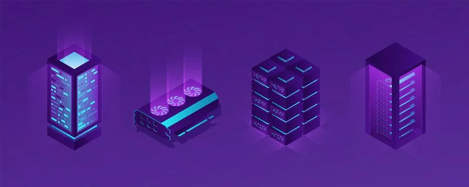 Isometric data center. Crypto server. Tech blockchain video database. Cloud Stock Illustration