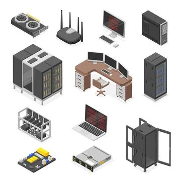 Isometric data center elements. Digital technologies, computers and monitors Stock Illustration