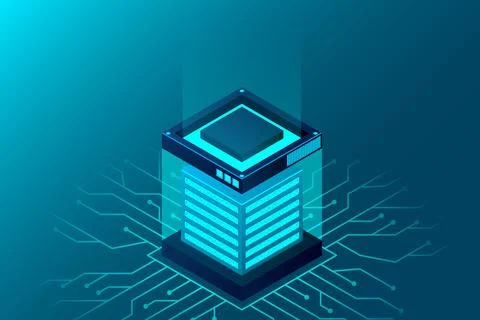 Isometric Data center landing page. Isometric servers vector design. Enterpri Stock Illustration