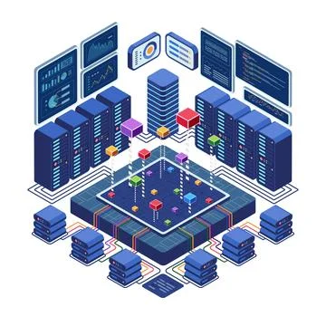 Isometric Data Center Network with Analytics Displays 스톡 일러스트