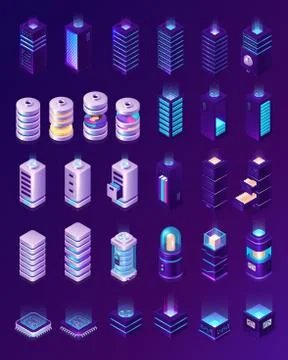 Isometric data center, server room equipment set 스톡 일러스트