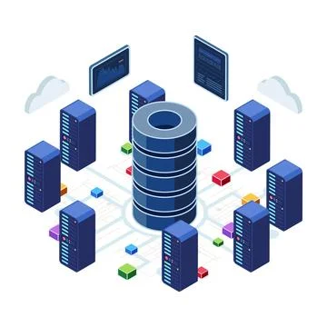 Isometric Data Center with Servers and Network Connection Stock Illustration