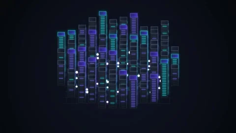 Isometric data center servers with glowing blue and purple lights rotating .. 動画素材 343155073