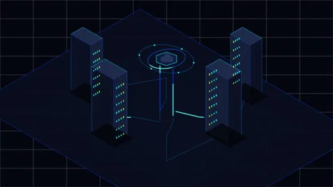Isometric data center servers with glowing blue network lines animation Stock Footage 347204674