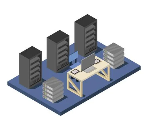 Isometric data center in vector on white background 스톡 일러스트