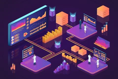 Isometric data. Digital 3D business solutions searching. Analysis technology Illustrazione stock