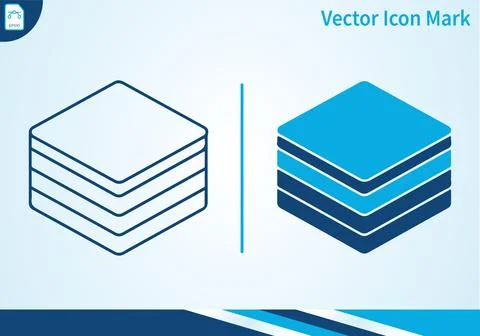 Isometric data layers icon set with outline and blue fill. Stock Illustration