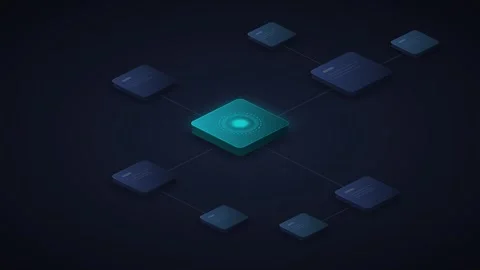 Isometric data network connection with glowing central hub and expanding in.. Stock Footage 344860344