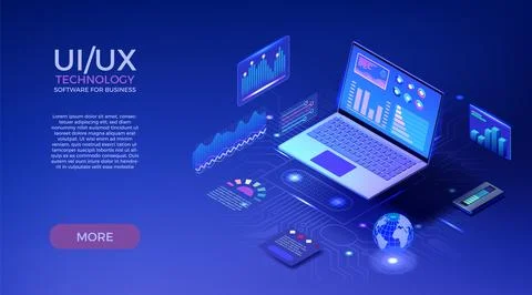 Isometric data platform. Digital dashboard in laptop. 3D business analysis Stock Illustration