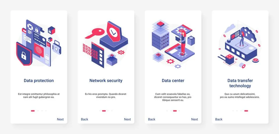 Isometric data protection, network security UX, UI onboarding mobile app page Illustrazione stock