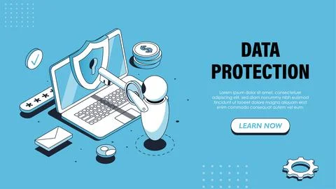 Isometric data protection poster. Bot near laptop with shield. Artificial Stock Illustration