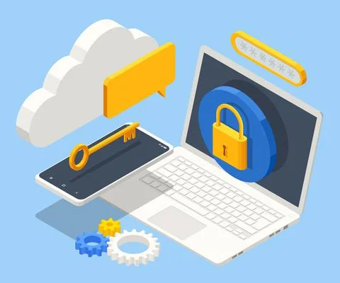 Isometric Data Security system. Cyber security and privacy. Traffic Encryption Illustrazione stock