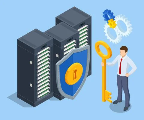 Isometric Data Security system. Cyber security and privacy. Traffic Encryption Stock Illustration