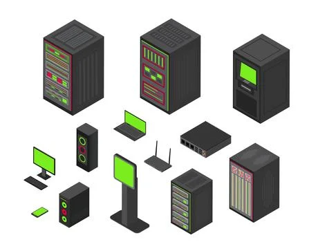 Isometric data server. 3d icons. Hardware network technology. PC center Stock Illustration