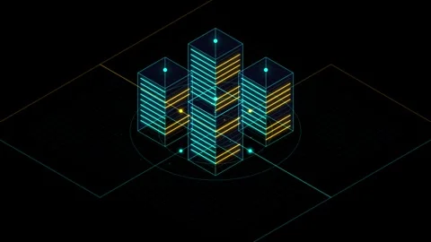 Isometric data server cluster with pulsing digital light trails on black ba.. Stock Footage 344651643