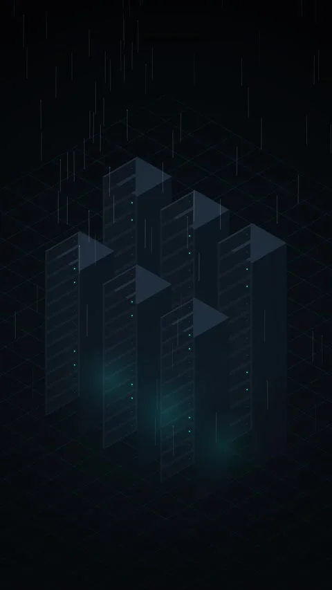 Isometric Data Server Racks in Dark Digital Environment with Rain Effect Stock Footage 346202752