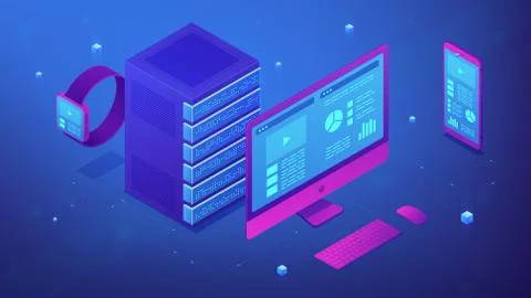 Isometric data synchronization concept. 스톡 일러스트
