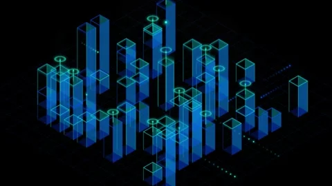 Isometric data visualization chart with glowing blue bars and grid lines vide Stock Footage 346062951