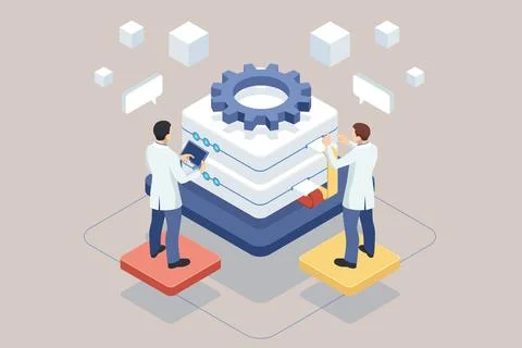 Isometric database and cloud data storage concept, server room, accumulation of Stock Illustration