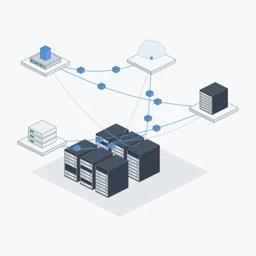 Isometric datacenter network connection illustration Stock Illustration