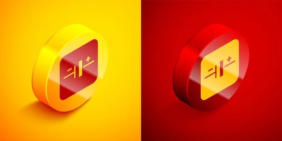 Isometric DC voltage source icon isolated on orange and red background. Cir.. Stock Illustration