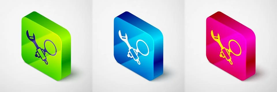 Isometric Debugging icon isolated on grey background. Debugging tool. Magnifying Stock-Illustration