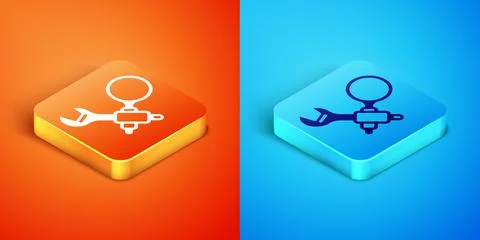 Isometric Debugging icon isolated on orange and blue background. Debugging tool 스톡 일러스트