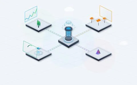 Isometric Decentralized Data Network and Green Tech Ecosystem Stock Illustration