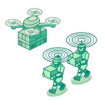 Isometric delivery robots and a drone carrying packages with wireless signa.. Stock Illustration