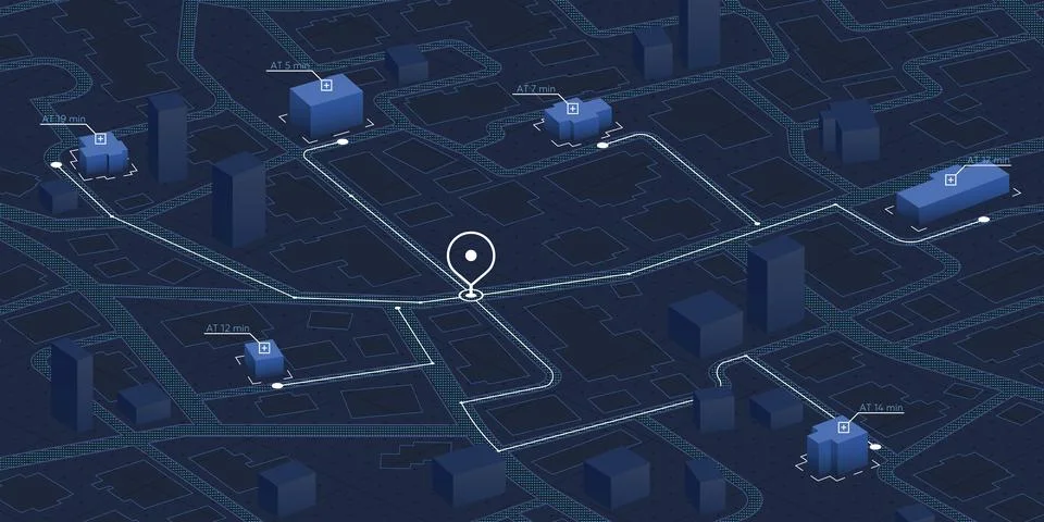 Isometric delivery route map with time estimates and urban layout. Urban Stock Illustration