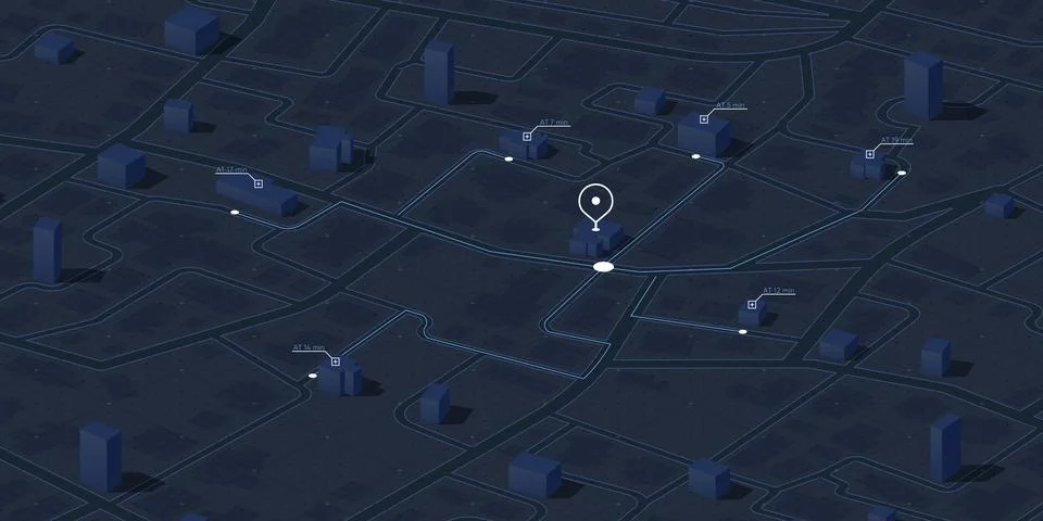 Isometric delivery route map with time estimates and urban layout. Urban Stock Illustration