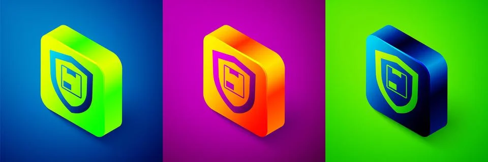 Isometric Delivery security with shield icon isolated on blue, purple and green Stockillustratie