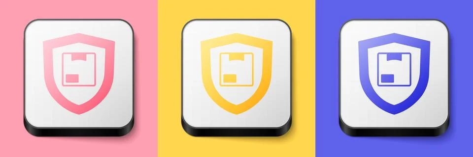 Isometric Delivery security with shield icon isolated on pink, yellow and blue Stock Illustration